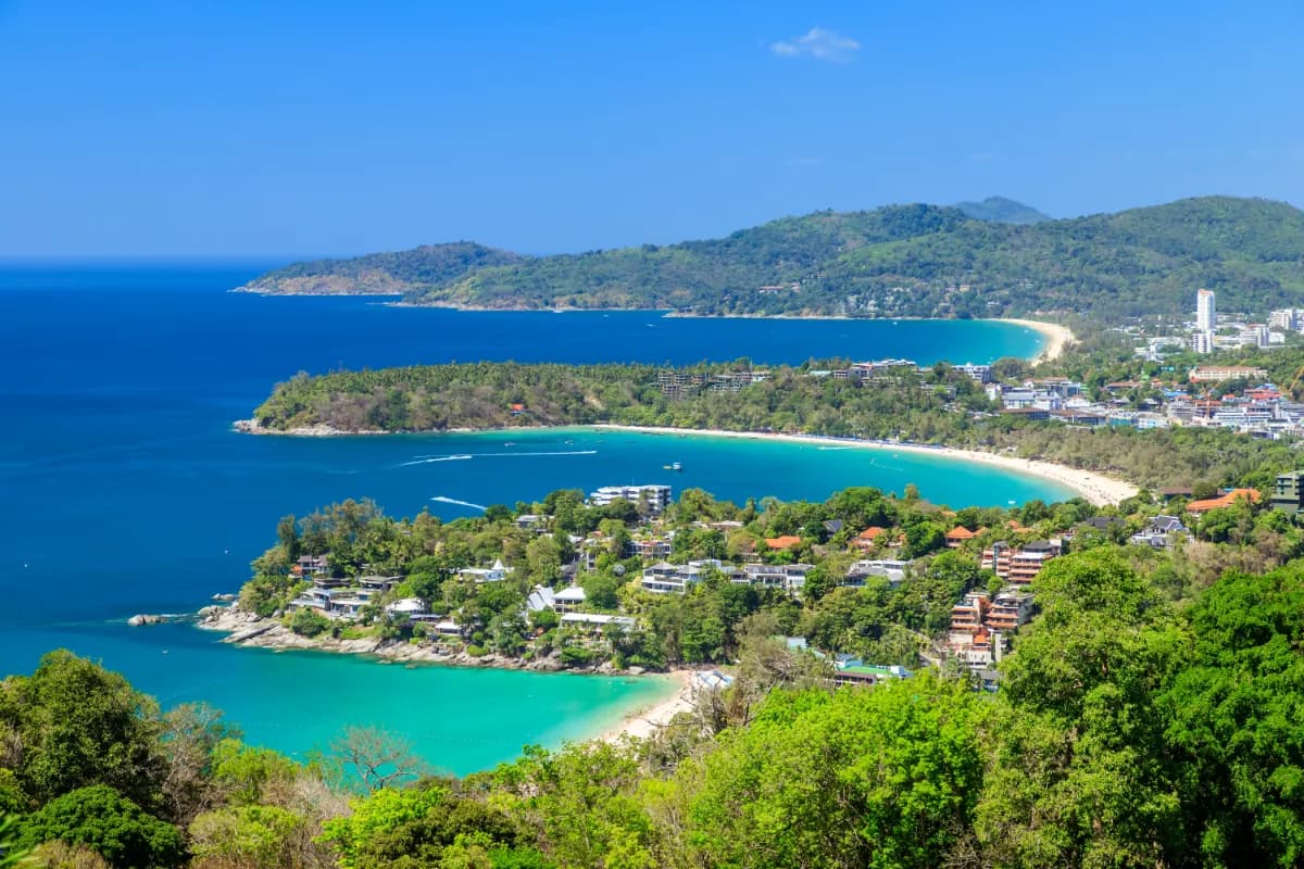 Magnificent scenic view over beautiful Andaman sea and three bays at Karon Viewpoint, Phuket